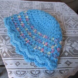 Crochet snow cap varigated baby blues pinks. Dillon'sgirl brand.